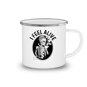 Coffee Drinking Skeleton Staying Alive Funny Coffee Addict Camping Mug | Mazezy