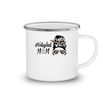 Cute Mother's Day Volleyball Mom Leopard Print Messy Bun Camping Mug | Mazezy