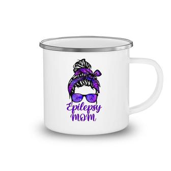 Epilepsy Mom Messy Bun Hair Glasses Bandana Purple Ribbon Camping Mug | Mazezy