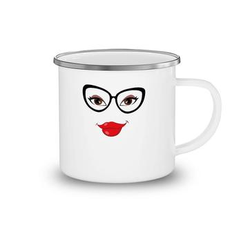 Eyes Lips And Glasses Girl's Face Camping Mug | Mazezy