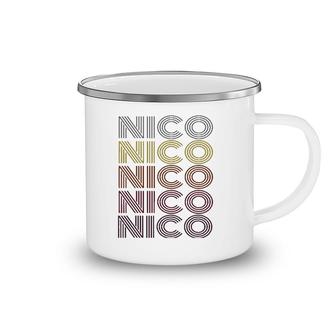 Graphic Tee First Name Nico Retro Pattern Vintage Style Camping Mug | Mazezy