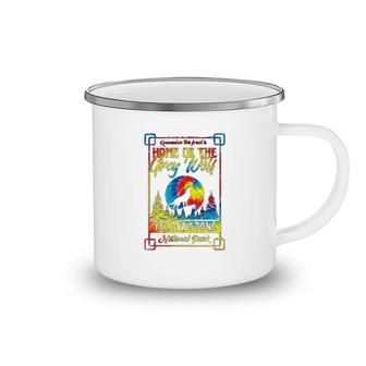 Home Of The Grey Wolf Yellowstone National Park Tie Dye Camping Mug | Mazezy UK