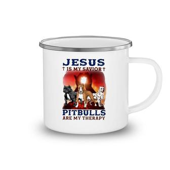Jesus Is My Savior Pitbulls Are My Therapy Cross Camping Mug | Mazezy