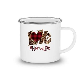 Love Nurselife Leopard Print Red Plaid Heart Camping Mug | Mazezy