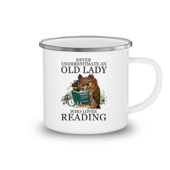 Never Underestimate An Old Lady Who Loves Reading Book Owl Camping Mug | Mazezy
