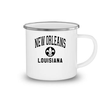 New Orleans Fleur De Lis Varsity Style Black Print Camping Mug | Mazezy