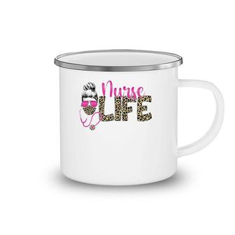 Nurse Life Messy Bun Hair Leopard Print Nurses Day Week Camping Mug | Mazezy