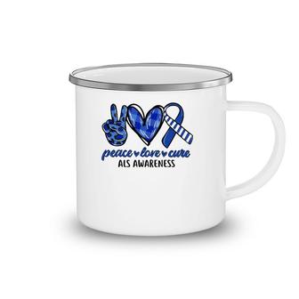 Peace Love Cure Blue & White Ribbon Als Awareness Month Camping Mug | Mazezy
