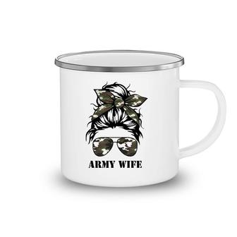 Proud Army Wife Messy Bun Camo Flag Spouse Military Pride Pullover Camping Mug | Mazezy