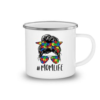 Puzzle Messy Bun Mom Life Autism Awareness Mother's Day Gift Camping Mug | Mazezy