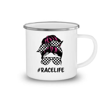 Race Life Checkered Racing Pink Messy Bun Hair Mothers Day Camping Mug | Mazezy