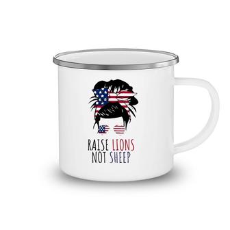 Raise Lions Not Sheep American Flag Sunglasses Messy Bun Camping Mug | Mazezy