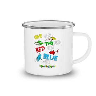 Reading Teacher Squad One Two Red Blue Fish Funny Camping Mug | Mazezy