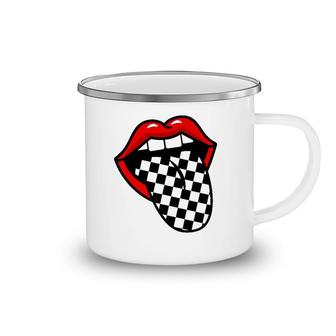 Red Lips Black White Checkered Tongue Camping Mug | Mazezy