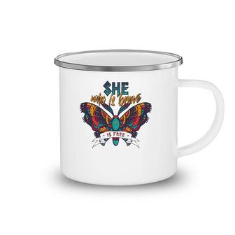 She Who Is Brave Is Free Funny Vintage Butterfly Color Camping Mug | Mazezy