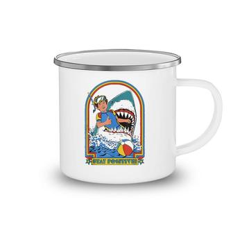 Stay Positive Shark Attack Funny Vintage Retro Comedy Gift Camping Mug | Mazezy