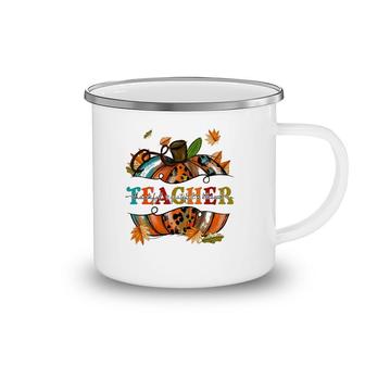 Teacher Thankful Grateful Blessed Pumpkin Autumn Leaf Camping Mug | Mazezy