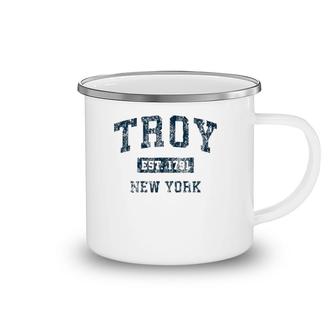 Troy New York Ny Vintage Sports Design Navy Print Camping Mug | Mazezy