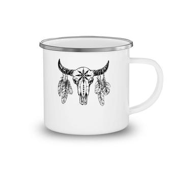 Western Rodeo Bull Skull With Feathers Camping Mug | Mazezy