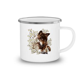 Wolf Flower Brown Camping Mug | Mazezy