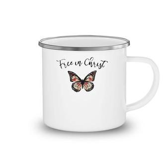 Womens Free In Christ Christian Butterfly V-Neck Camping Mug | Mazezy
