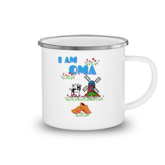 Womens I Am Oma Grandmother Cow Windmill Tulips Wooden Shoes V-Neck Camping Mug | Mazezy