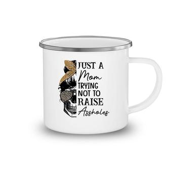 Womens Mom Leopard Just A Mom Trying Not To Raise Assholes Camping Mug | Mazezy
