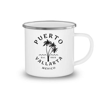 Womens Retro Cool Puerto Vallarta Original Mexico Beach Palm Tree V-Neck Camping Mug | Mazezy