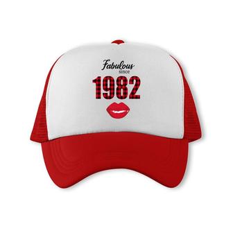 Fabulous Since 1982 Black Red Plaid Lips Happy 40Th Birthday Trucker Cap - Seseable