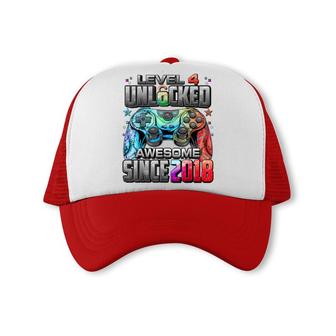 Level 4 Unlocked Awesome Since 2018 4Th Birthday Gaming Trucker Cap - Seseable