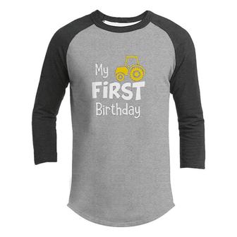 1st Birthday Boy Party My 1st Tractor Construction One Year Old Gifts Youth Raglan Shirt - Seseable