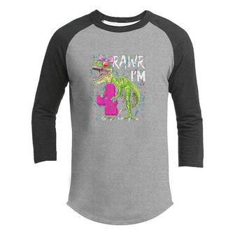 Kids Rawr Im 4 4th Birthday Dinosaur Pink Girls Dinosaur Gift Youth Raglan Shirt - Seseable
