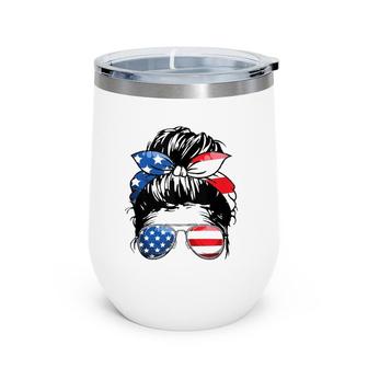 American Mom Life Messy Bun 4Th Of July Sunglasses Usa Flag Wine Tumbler | Mazezy