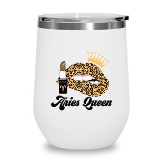 Aries Queen Aries Girls Yellow Lipstick Leopard Birthday Gift Wine Tumbler - Seseable