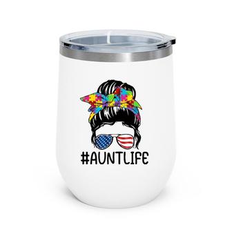 Aunt Life Autism Awareness Mother's Day Auntie Messy Bun Wine Tumbler | Mazezy