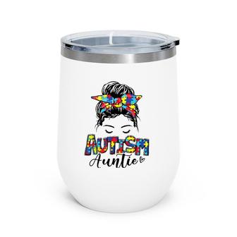 Autism Auntie Messy Bun Hair Puzzle Mother's Day Wine Tumbler | Mazezy