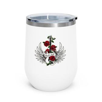 Bass Guitar Wings Roses Distressed Rock And Roll Design Wine Tumbler | Mazezy