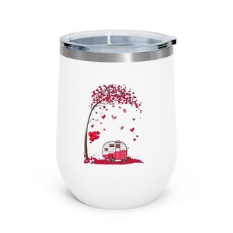 Camping Heart Tree Falling Hearts Valentine's Day Camper Wine Tumbler | Mazezy