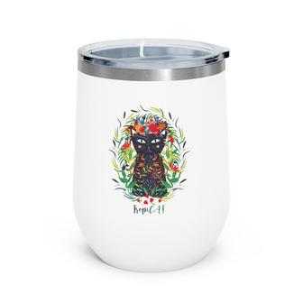 Cat Art Black Tropical Cat Kitty Hawaiian Tribal Women Girls Wine Tumbler | Mazezy