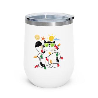 Cat Christmas In July Cool Kitten Pet Summer Tropical Beach Wine Tumbler | Mazezy
