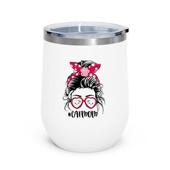Cat Mom For Cat Faces Lovers Paw Print Heart Sunglasses Mother's Day Messy Bun Hair Polka Dots Bandana Wine Tumbler | Mazezy