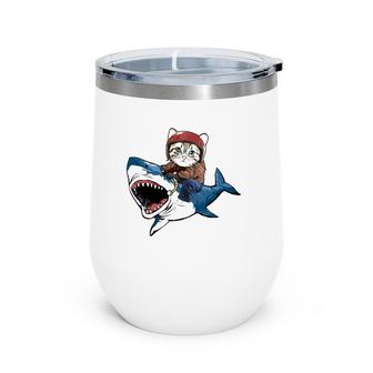 Cat Riding A Shark Lover Cat Lover Funny Cat Shark Wine Tumbler | Mazezy