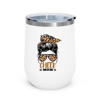 Cheer Mom Leopard Print Messy Bun Cheerleader Funny Mother Wine Tumbler | Mazezy