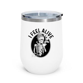 Coffee Drinking Skeleton Staying Alive Funny Coffee Addict Wine Tumbler | Mazezy