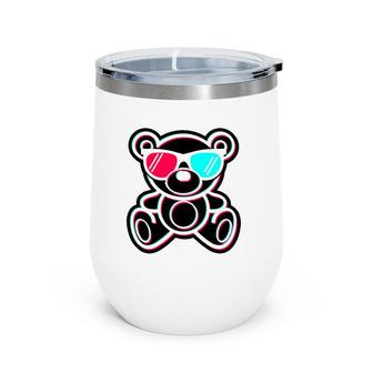 Cool Teddy Bear Glitch Effect With 3D Glasses Wine Tumbler | Mazezy