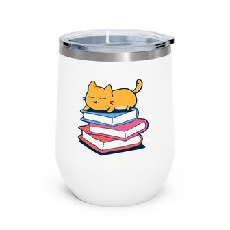 Cute Cat Sleeping On Book Bookworm Librarian Gift Wine Tumbler | Mazezy