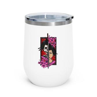 Geisha With Katana And Sakura Cherry Blossom Samurai Wine Tumbler | Mazezy