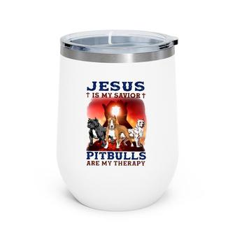 Jesus Is My Savior Pitbulls Are My Therapy Cross Wine Tumbler | Mazezy
