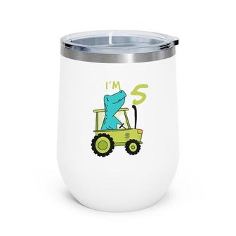 Kids Dino Tractor Birthday 5 Years Old Birthday Outfit Boys Wine Tumbler | Mazezy