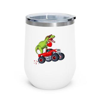 Kids Valentine's Day T Rex Riding Monster Truck Funny Toddler Wine Tumbler | Mazezy